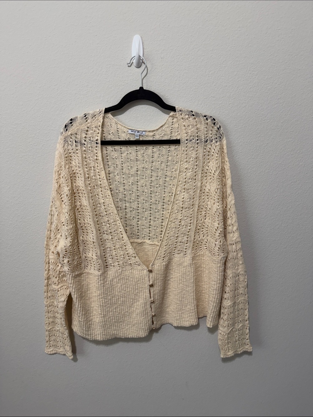New white birch Cream Open-Weave oversized Cardigan su09